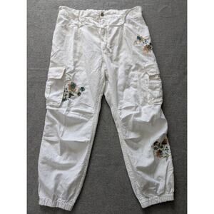 Sundance Cargo Joggers Womens Sz 12 White Cotton Linen Blend Floral Embroidered
